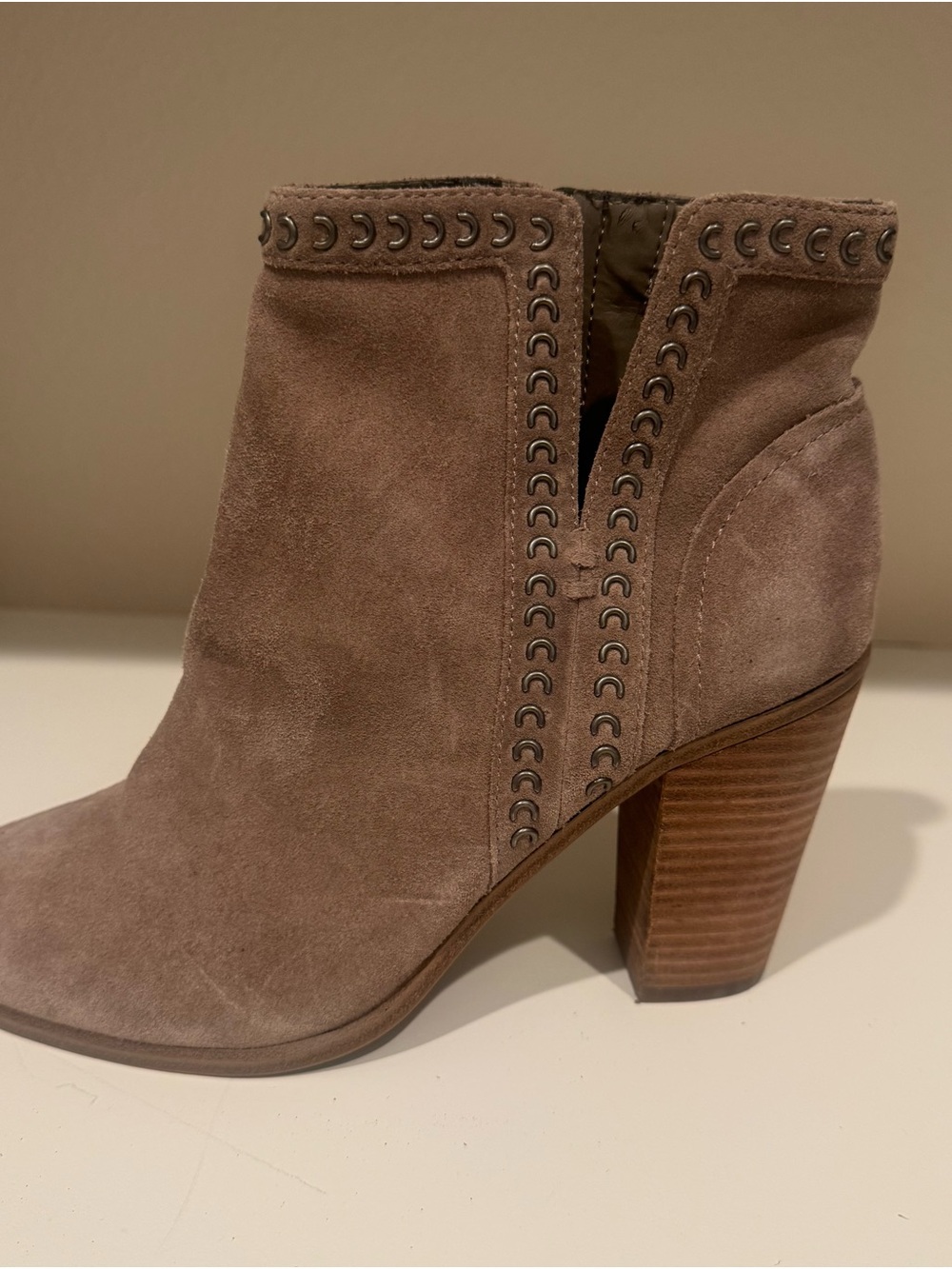 Vince Camuto Taupe Suede Ankle Boot with Stacked Heel